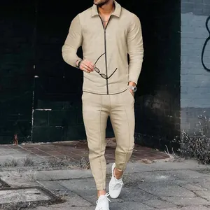 Stylish men's slim fit khaki waffle knit two-piece long sleeve shirt and pants set
