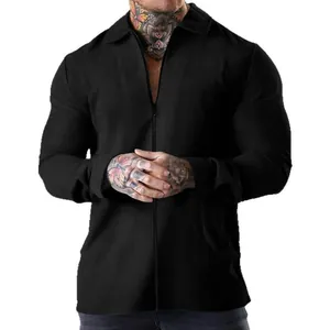 Men's black waffle knit long sleeve jacket with zipper and lapel collar casual cardigan