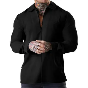 Close-up view of men's black waffle knit zip-up jacket with stylish lapel collar