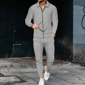 Stylish men's gray waffle knit tracksuit set featuring a slim fit zipper top and long pants