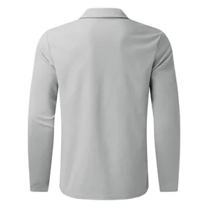 Detailed back view of a grey slim-fit waffle-knit long-sleeved polo shirt for men