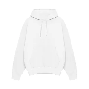 Vooraanzicht van een effen witte zware sweatshirt hoodie met handige kangoeroezak