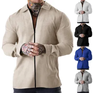 Casual men's waffle knit long sleeve zipper jacket with lapel in multiple colors