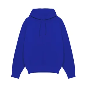 Gedetailleerde weergave van een zware blauwe hoodie met een handige kangoeroezak