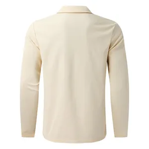 Full back view of a men's cream waffle knit long sleeve casual jacket with lapel collar