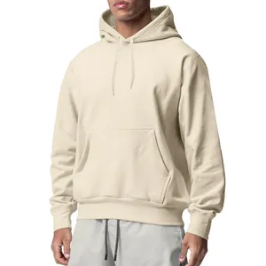 Premium effen crème fleece hooded sweatshirt voor heren met kangoeroezak en trekkoord