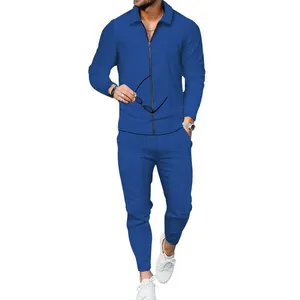 Conjunto de dos piezas de punto gofrado azul para hombre con camisa con cremallera