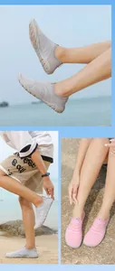 Primer plano de zapatos de agua transpirables para playa y natación en gris y rosa.