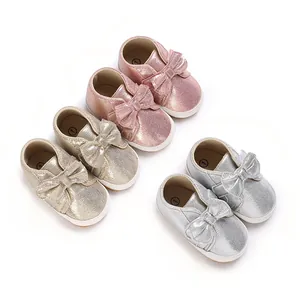 Chaussures de marche souples pailletées pour bébé avec nœuds en rose doré et argenté