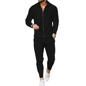 Conjunto de dos piezas de punto gofrado negro para hombre con top con cremallera