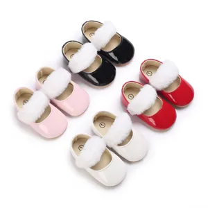 Scarpe Mary Jane in Pelle Verniciata per Neonata Suola Morbida Antiscivolo Scarpe Primi Passi Principessa Con Pom Pom