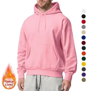 Classic men's pink fleece-lined hoodie with adjustable drawstring and kangaroo pocket