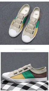 Detailansichten von mehrfarbigen Stoffschuhen mit dreifachem Klettverschluss