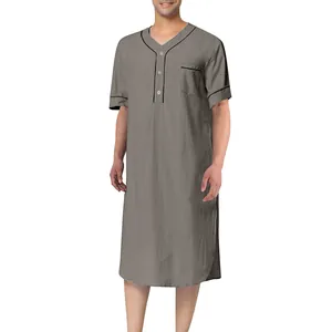 Men's loose grey short-sleeve loungewear nightgown with contrast trim detail
