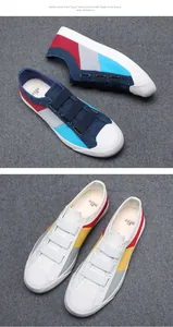 Detailansicht der mehrfarbigen Herren-Slipper aus Segeltuch mit Gummibändern.