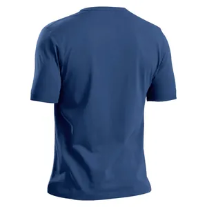 Rückansicht eines schmal geschnittenen dunkelblauen Herren-Kurzarm-T-Shirts aus Baumwolle
