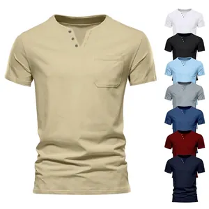 Herren Sommer Casual Slim Fit Henley T-Shirt Mit Tasche Kurzarm Sportlich V-Ausschnitt Einfarbig Atmungsaktiv Polyester Top