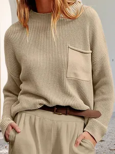 Pull en Maille à Col Rond et Manches Longues pour Femmes Avec Poche Coupe Ample Couleur Unie Chaud Hiver