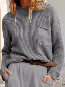 Pull en maille gris décontracté à col rond avec poche pour femme