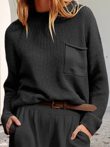 Pull en maille noir oversize confortable et élégant à col rond avec poche pour femme