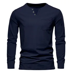 T-shirt Henley à manches longues pour hommes bleu marine avec poche et col en V