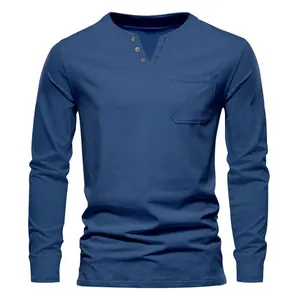 T-shirt Henley bleu à manches longues pour hommes avec poche et col en V à boutons