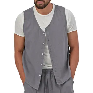 Close-up view of a casual grey linen vest for men featuring a button-down design