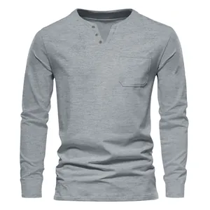 T-shirt Henley à manches longues pour hommes avec col en V boutonné et poche poitrine
