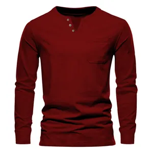 T-shirt Henley à manches longues pour hommes, coupe ajustée avec col V boutonné et poche