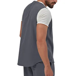 Close-up back view of a men's lightweight casual slate grey linen vest for summer