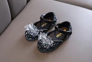 Elegante zwarte prinsessendansschoenen voor meisjes met strass-steentjes en kristallen bloem