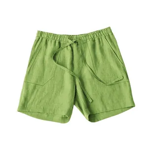 Casual green cotton linen shorts for men with elastic drawstring waist.