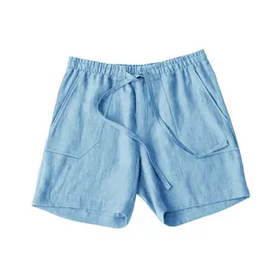 Front view of light blue men's cotton linen casual shorts with adjustable drawstring