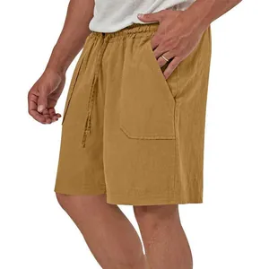 Detailed view of men's mustard yellow cotton linen casual shorts with drawstring