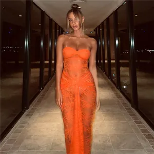 Sexy Lace Sheer Bodycon Maxi Dress For Women Summer Strapless Tube Top Sleveeless Slim Fit Long Dress Evening Party Clubwear