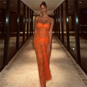 Sexy orange lace sheer tube top bodycon maxi dress for women elegant summer fashion look
