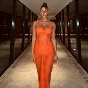 Sexy orange strapless lace sheer bodycon maxi dress for women summer fashion evening wear