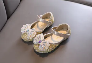 Zapatos de princesa dorados para niñas con diamantes de imitación y lazo de gema