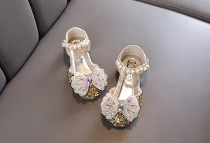 Chaussures de princesse dorées pour filles avec nœud papillon en bijoux et perles