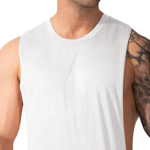Close-up detail of white men's wide-shoulder tank top featuring a side slit and round neck style