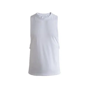 Detailed view of a white men's loose fitness tank top featuring deep-cut armholes.