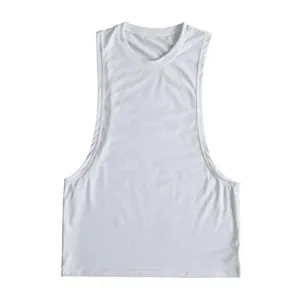 Sleeveless white men's muscle tank top with wide shoulders and deep side armholes for sports