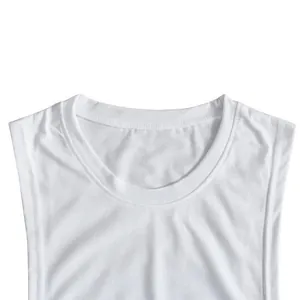 Detail view showing the neckline and shoulder construction of a white sleeveless vest