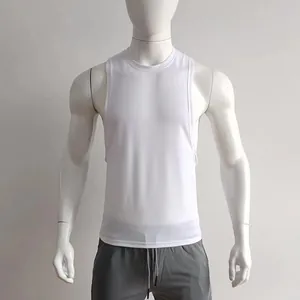 Detail view of men's athletic sleeveless shirt showing wide shoulders and side slits