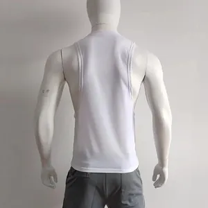 Back view of a men's white athletic tank top on a mannequin with deep side cutouts.