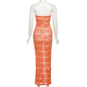 Back view of a sexy orange sheer lace bodycon maxi dress on a white mannequin.