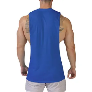Detailed back view of a blue men's sleeveless muscle tank top featuring wide side slits.