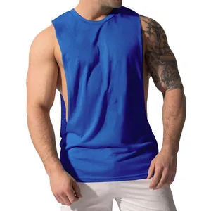 Men's blue muscle tank top with wide shoulders and deep side slits for athletic fitness.