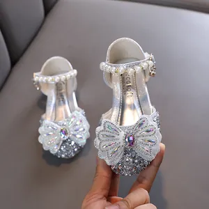 Élégantes chaussures de princesse argentées pailletées pour filles avec perles et nœud
