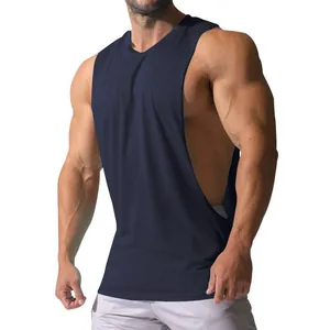 Detail of men's navy blue gym tank top with side open cut-outs for muscle definition